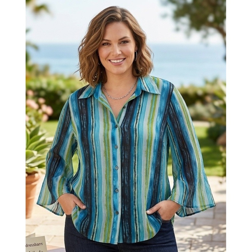 Dressbarn Button Down 3/4 Sleeve Bell Sleeve‎ Women's Plus 1X Striped Vacation